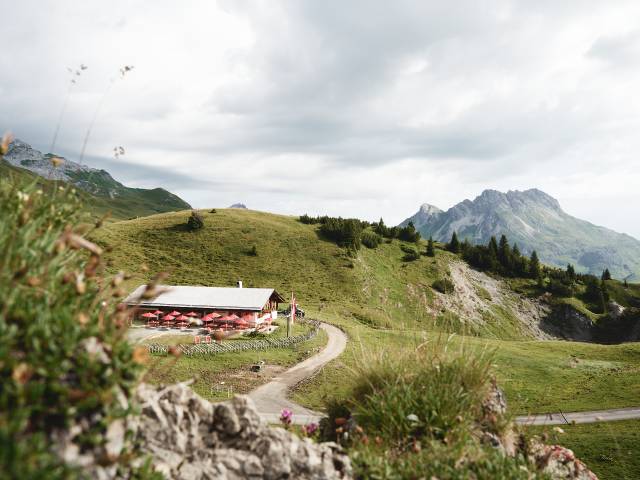 Alpine panorama with rustic mountain hut "Kriegeralpe" on the Arlberg
